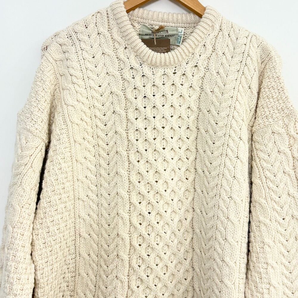 Aran Sweater Market NWT Merino Wool Fisherman Sweater Cable Knit Mens Sz L Ivory - Picture 3 of 10